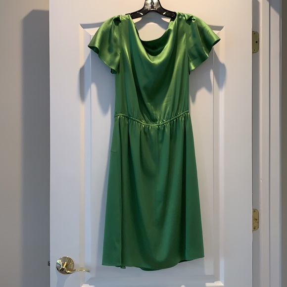 Green Silk Short Sleeve Cowl Neck Lined Dress - Picture 2 of 4